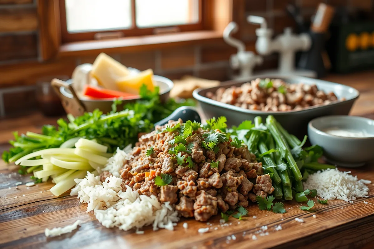 Fresh ingredients for budget ground beef recipes under 5 dollars dinner laid out on the counter