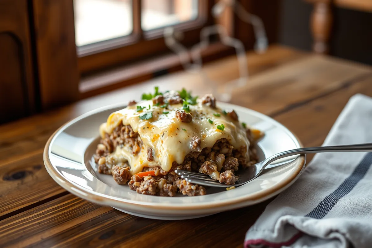 A plated serving of budget ground beef recipes under 5 dollars dinner with a fork