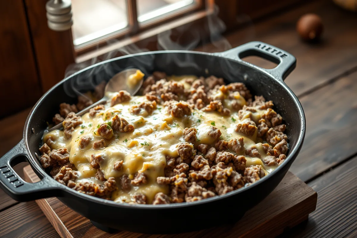 Ground beef browning in a cast-iron skillet for budget ground beef recipes under 5 dollars dinner