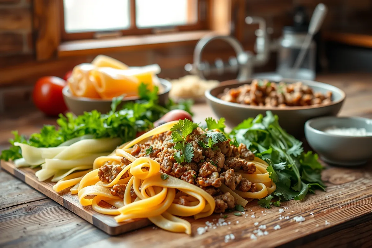 Fresh ingredients for cheesy ground beef dinner laid out on the counter