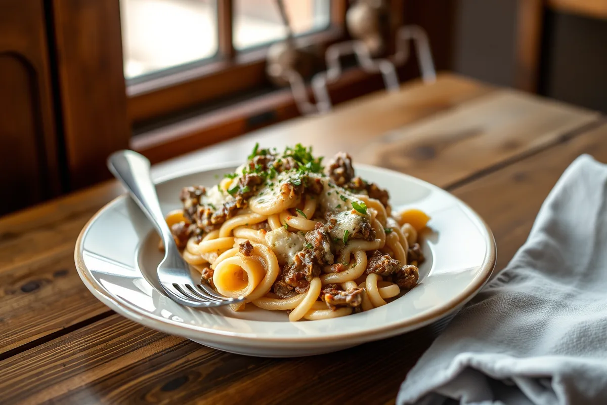 A plated serving of cheesy ground beef dinner with a fork
