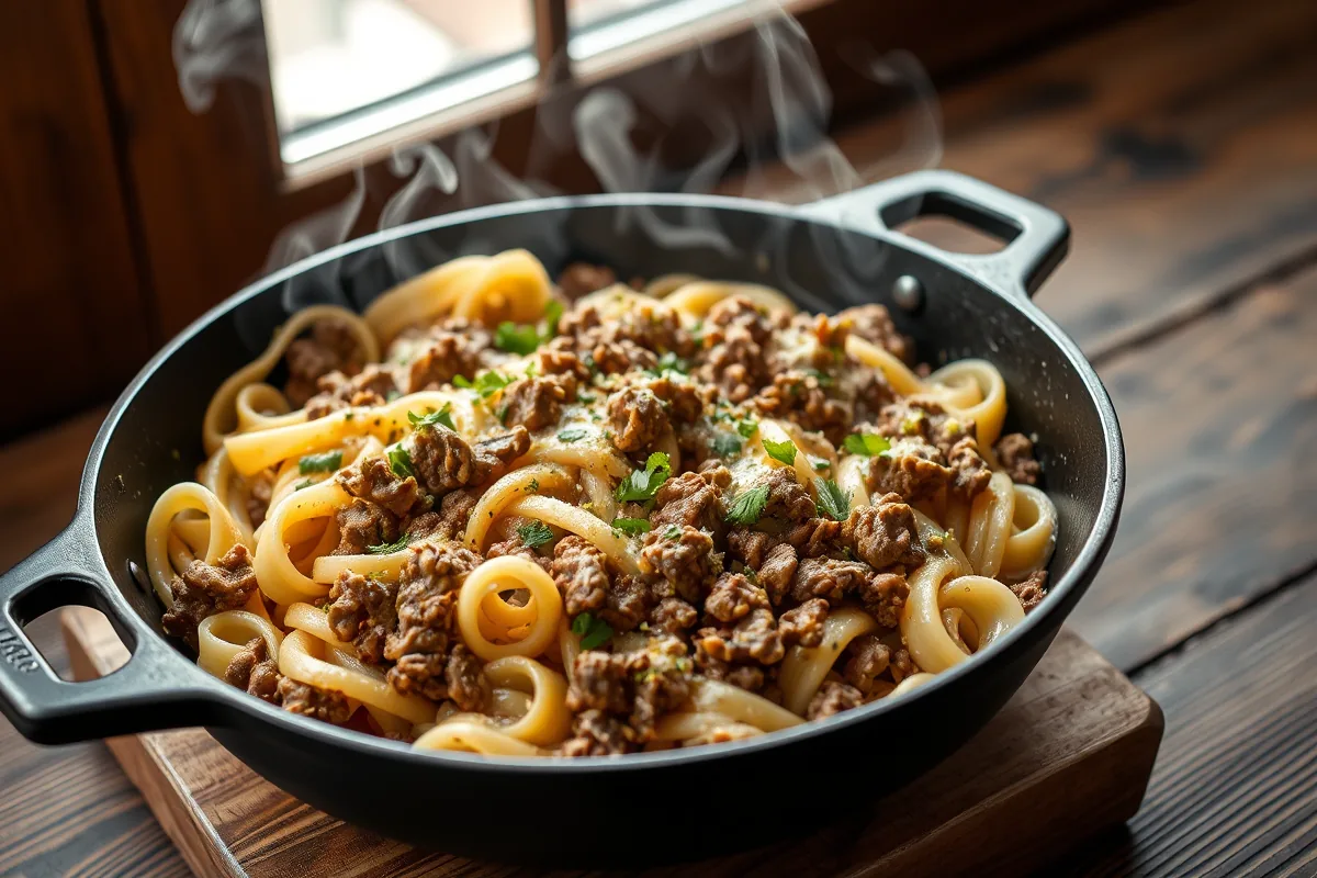 Ground beef browning in a cast-iron skillet for cheesy ground beef dinner