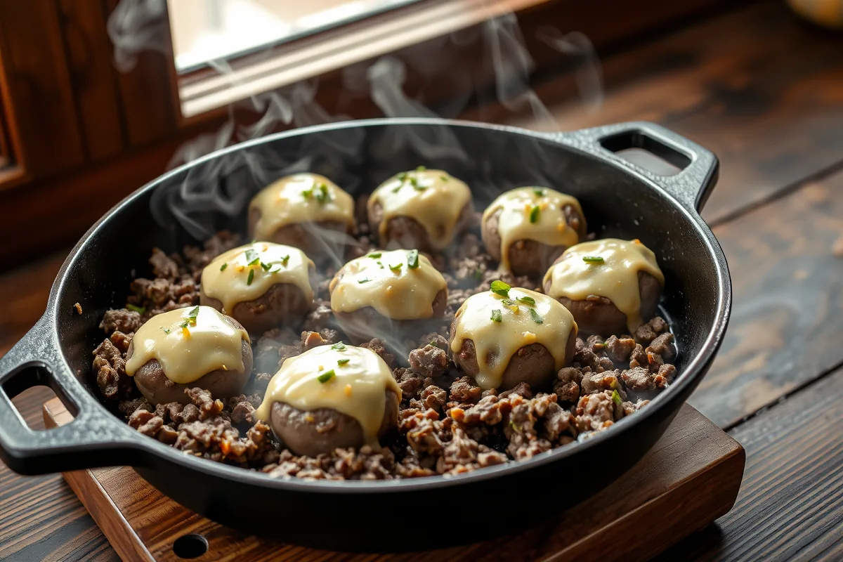 Ground beef browning in a cast-iron skillet for easy ground beef dinners