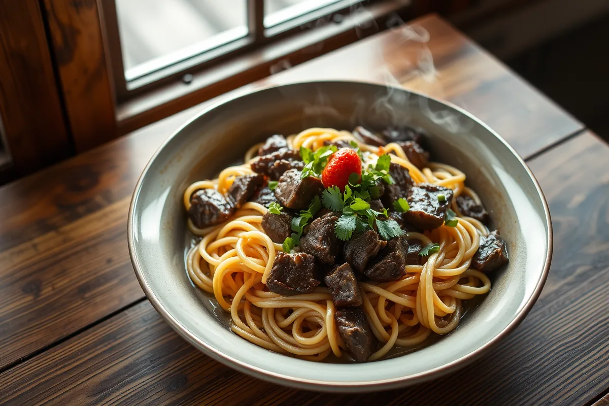 Ground beef and noodles served hot and ready to eat