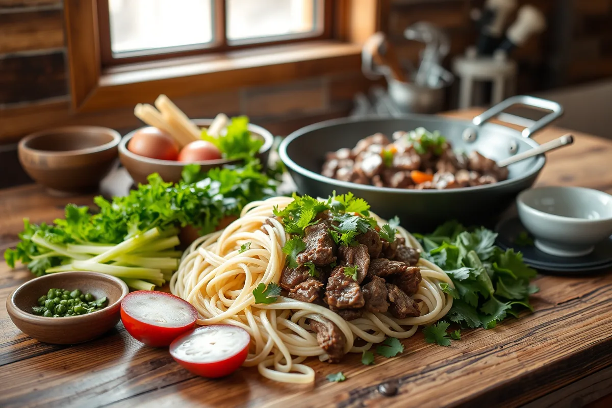 Fresh ingredients for ground beef and noodles laid out on the counter