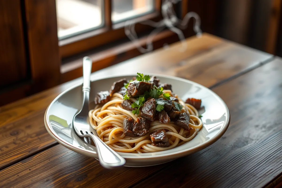 A plated serving of ground beef and noodles with a fork