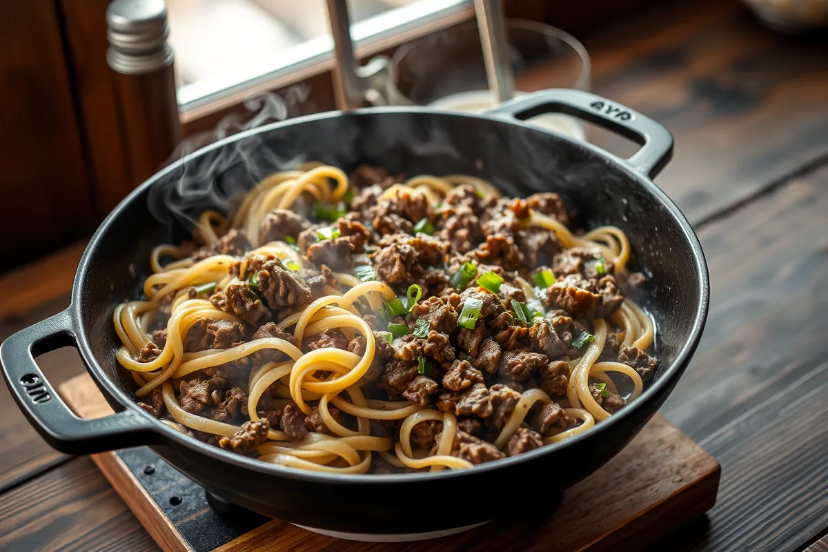 Ground beef browning in a cast-iron skillet for ground beef and noodles