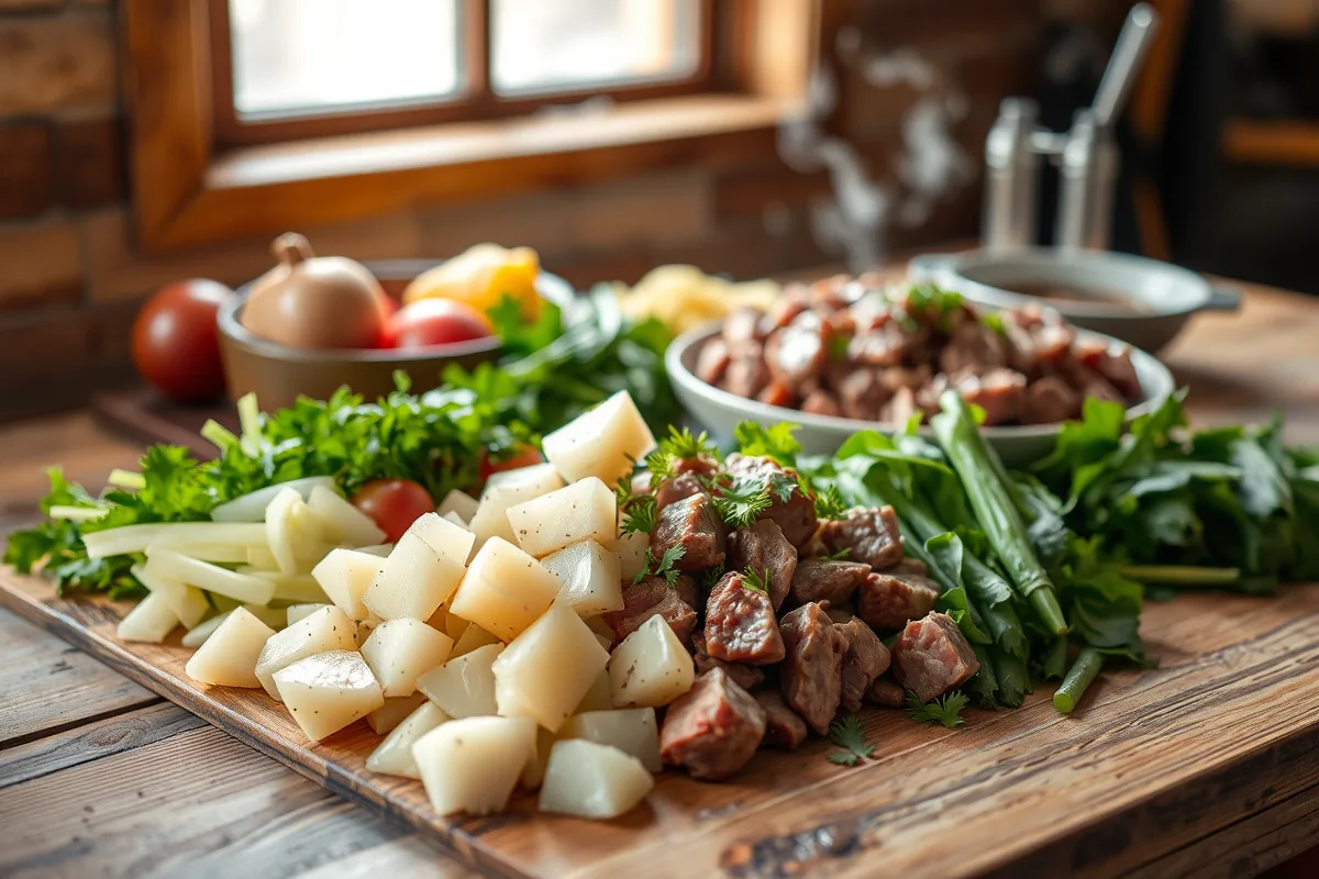 Fresh ingredients for ground beef and potato laid out on the counter