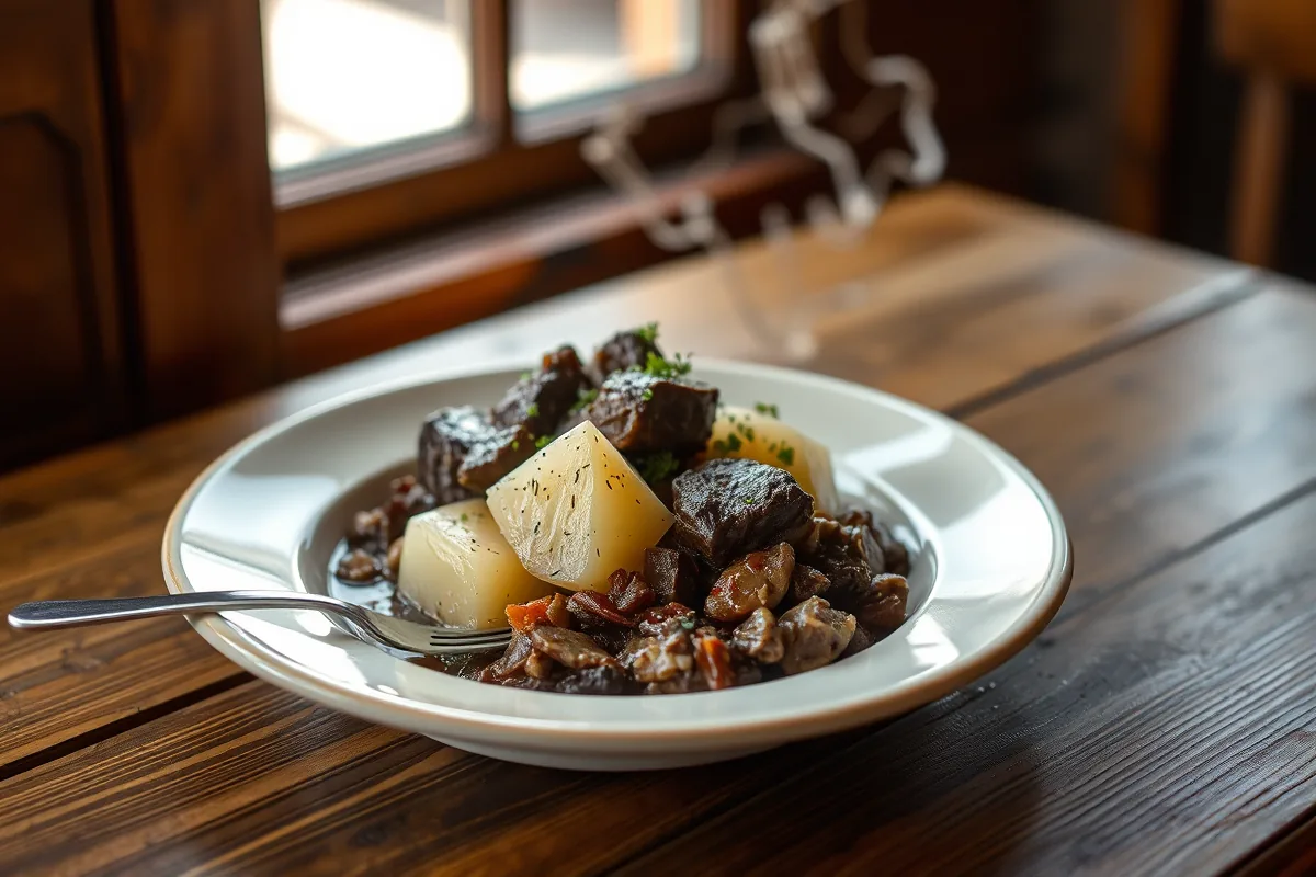 A plated serving of ground beef and potato with a fork