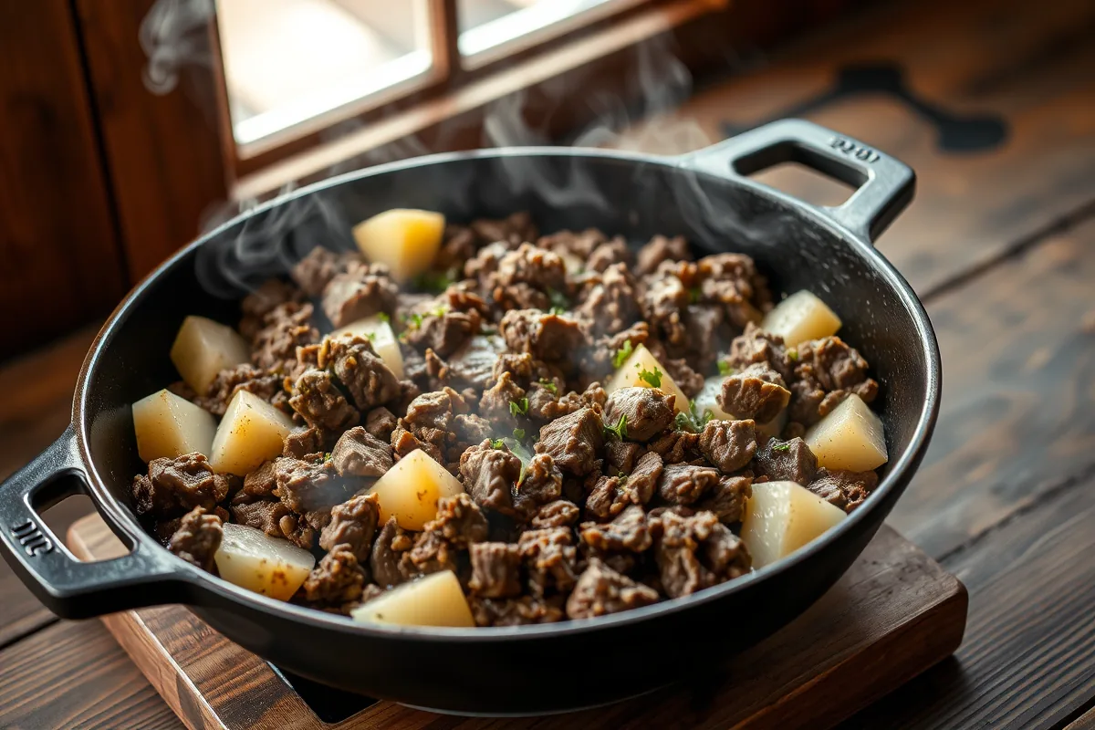 Ground beef browning in a cast-iron skillet for ground beef and potato