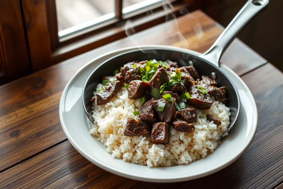 Ground beef and rice served hot and ready to eat