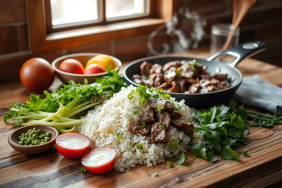 Fresh ingredients for ground beef and rice laid out on the counter