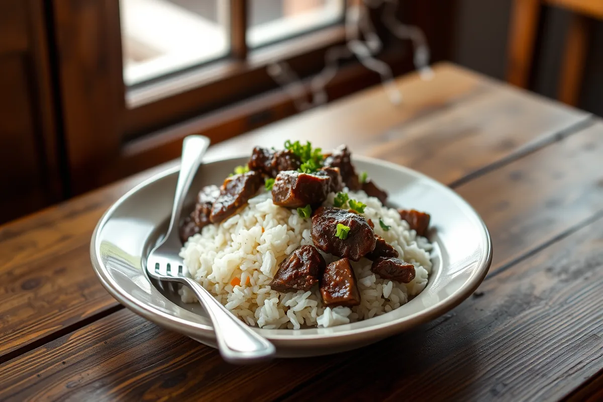 A plated serving of ground beef and rice with a fork