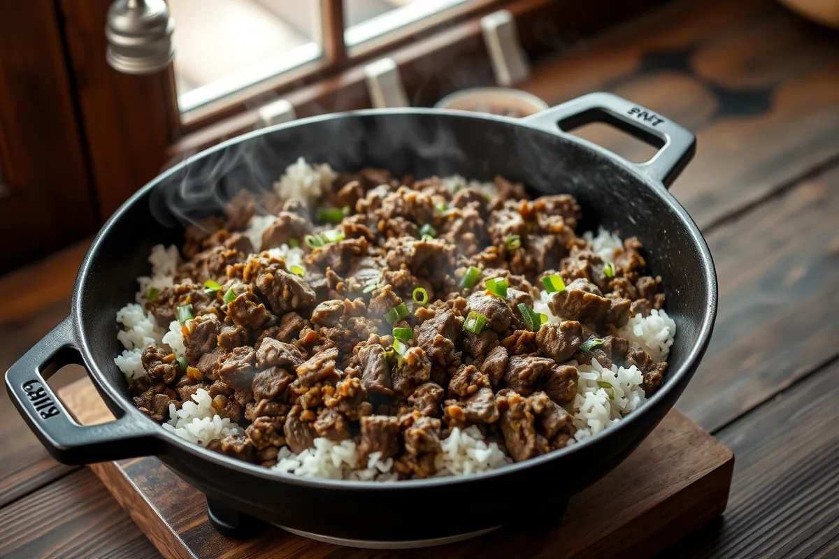 Ground beef browning in a cast-iron skillet for ground beef and rice