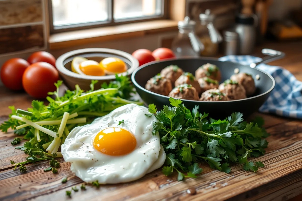 Fresh ingredients for ground beef breakfast laid out on the counter