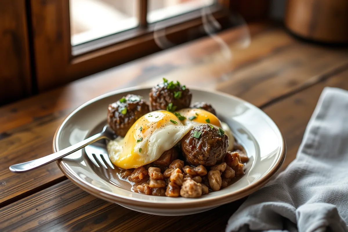 A plated serving of ground beef breakfast with a fork