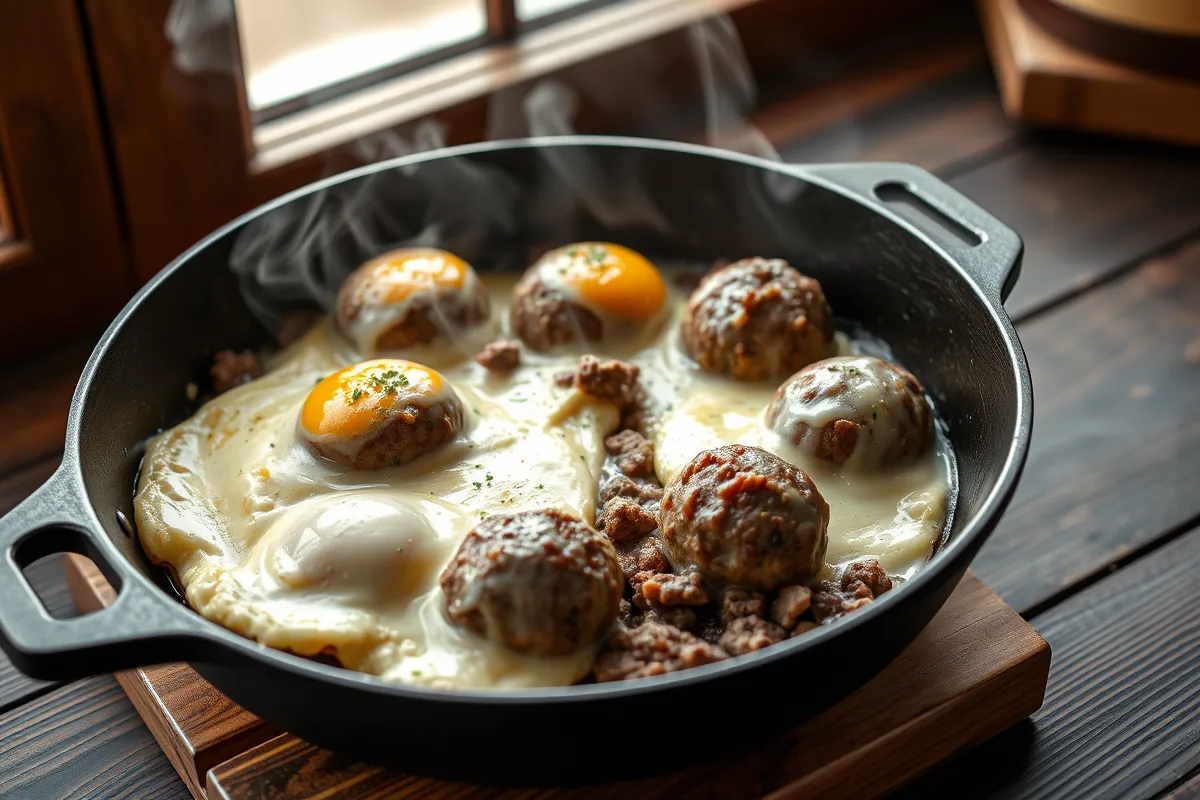 Ground beef browning in a cast-iron skillet for ground beef breakfast