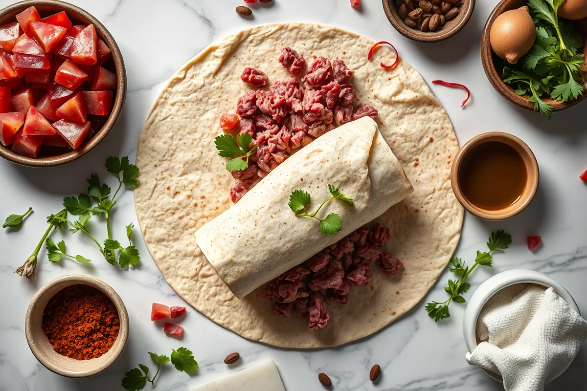 Fresh ingredients for ground beef burrito laid out on the counter