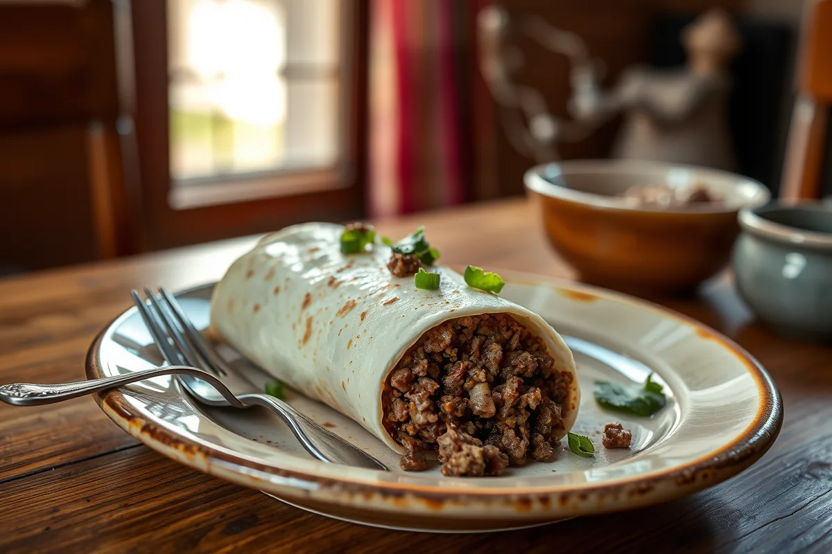 A plated serving of ground beef burrito with a fork