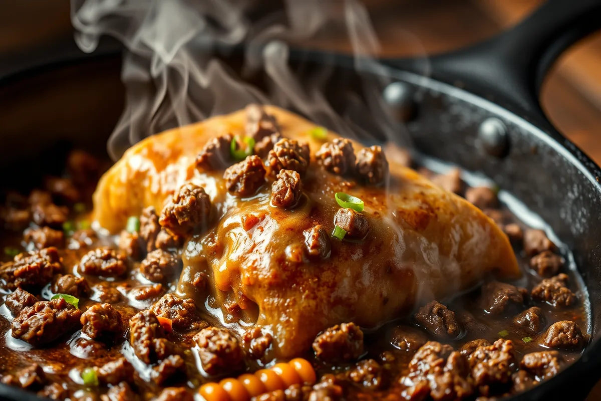 Ground beef browning in a cast-iron skillet for ground beef burrito