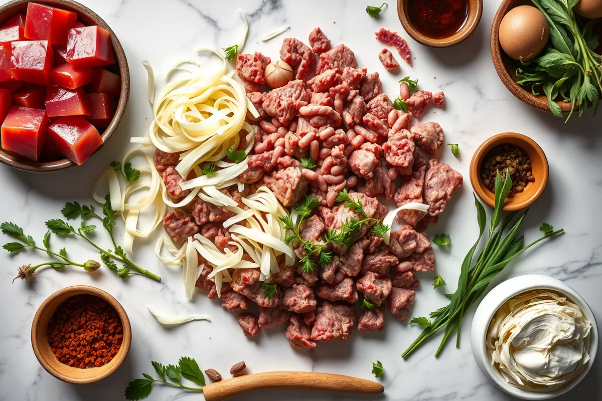 Fresh ingredients for ground beef cabbage dinner laid out on the counter