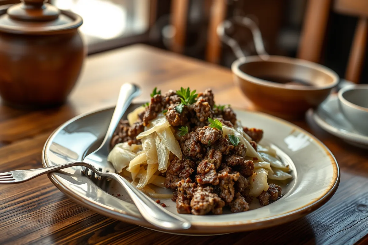 A plated serving of ground beef cabbage dinner with a fork