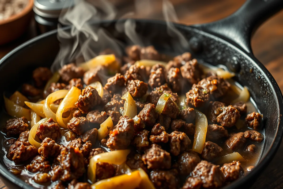 Ground beef browning in a cast-iron skillet for ground beef cabbage dinner
