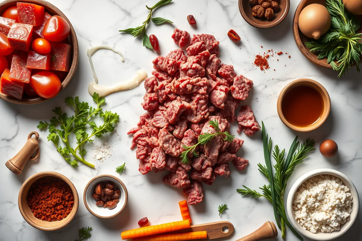 Fresh ingredients for ground beef casserole laid out on the counter