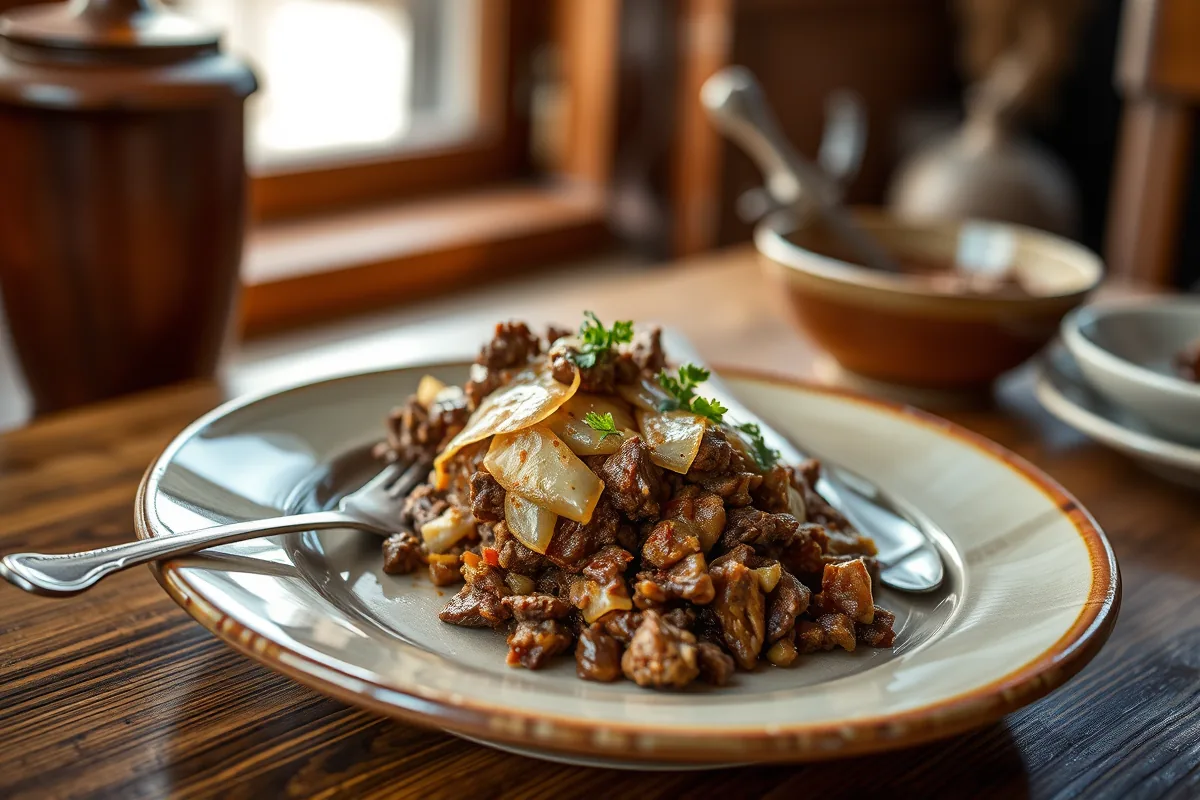A plated serving of ground beef casserole with a fork