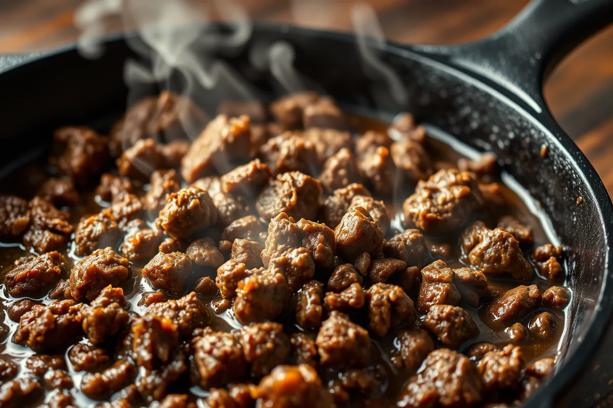 Ground beef browning in a cast-iron skillet for ground beef casserole