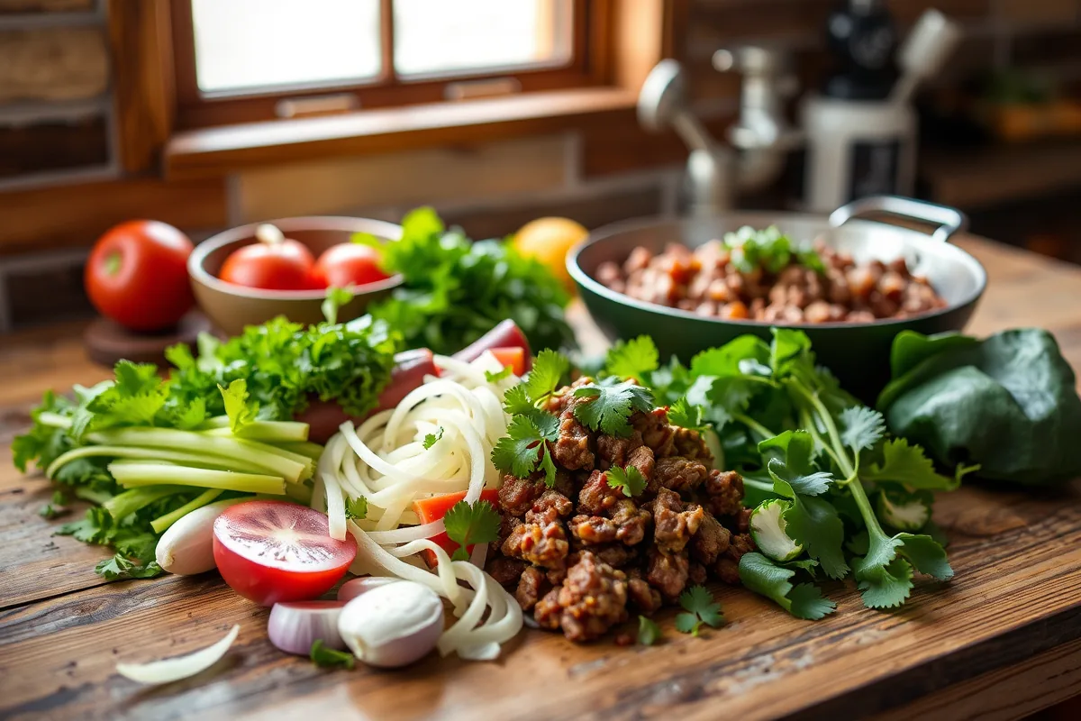 Fresh ingredients for ground beef chili laid out on the counter