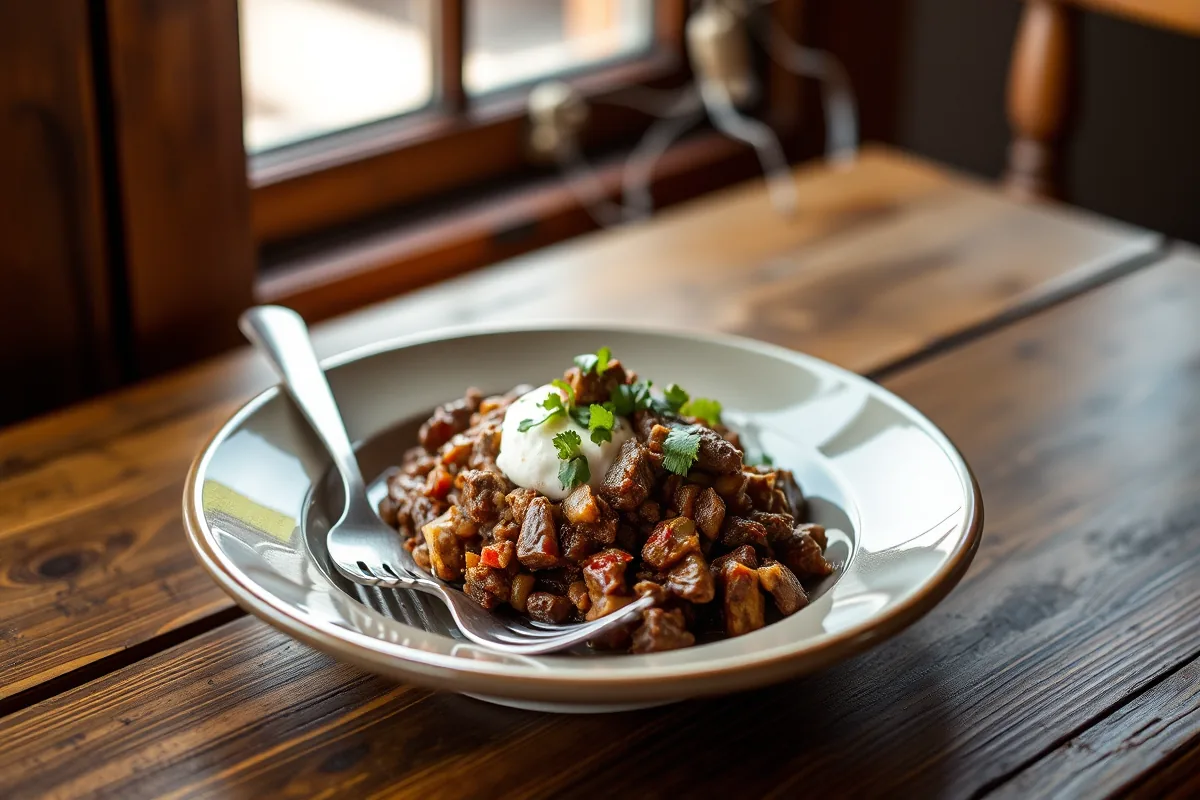 A plated serving of ground beef chili with a fork