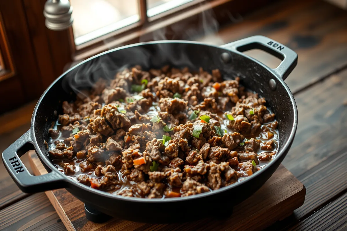 Ground beef browning in a cast-iron skillet for ground beef chili