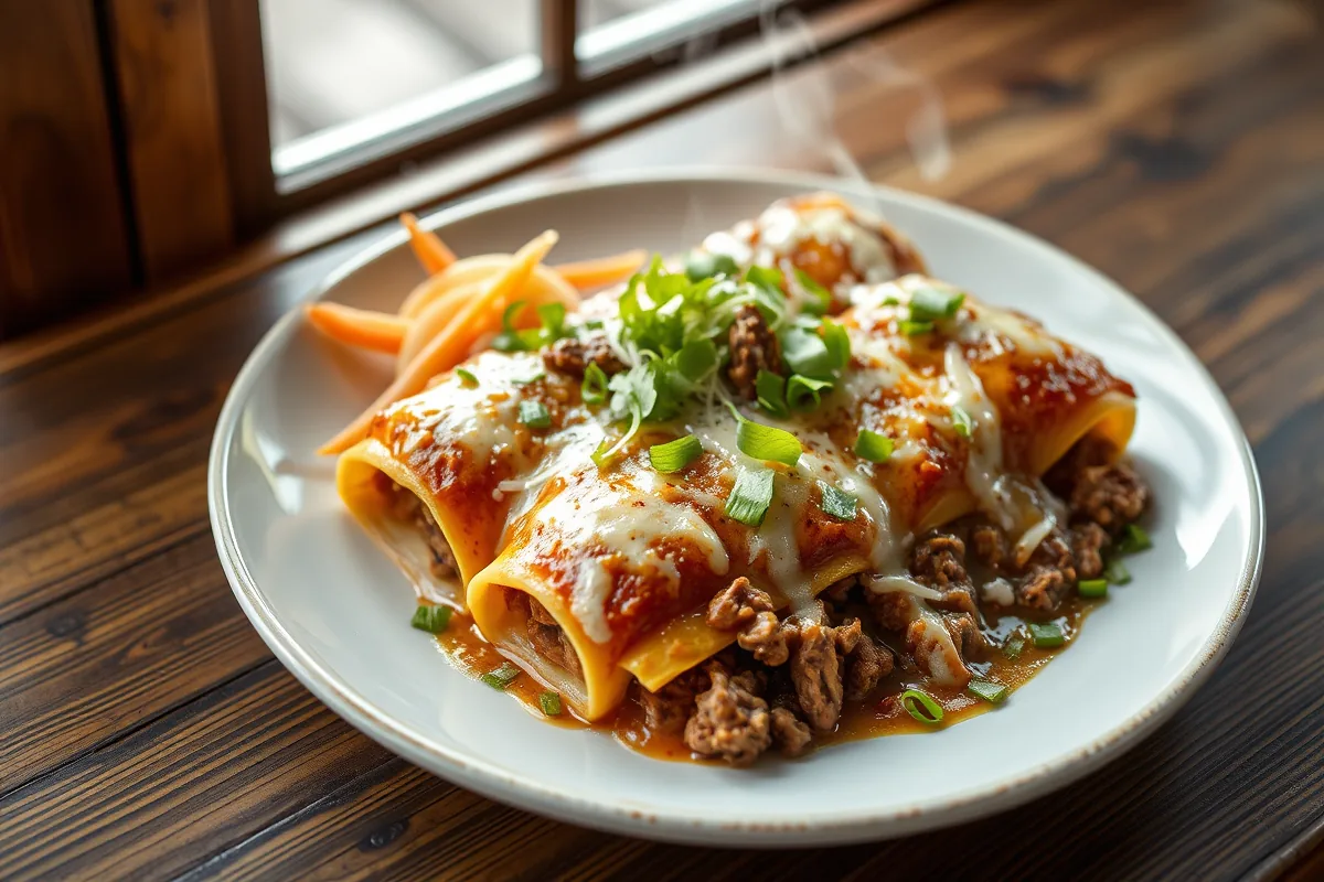 Ground beef enchilada dinner served hot and ready to eat