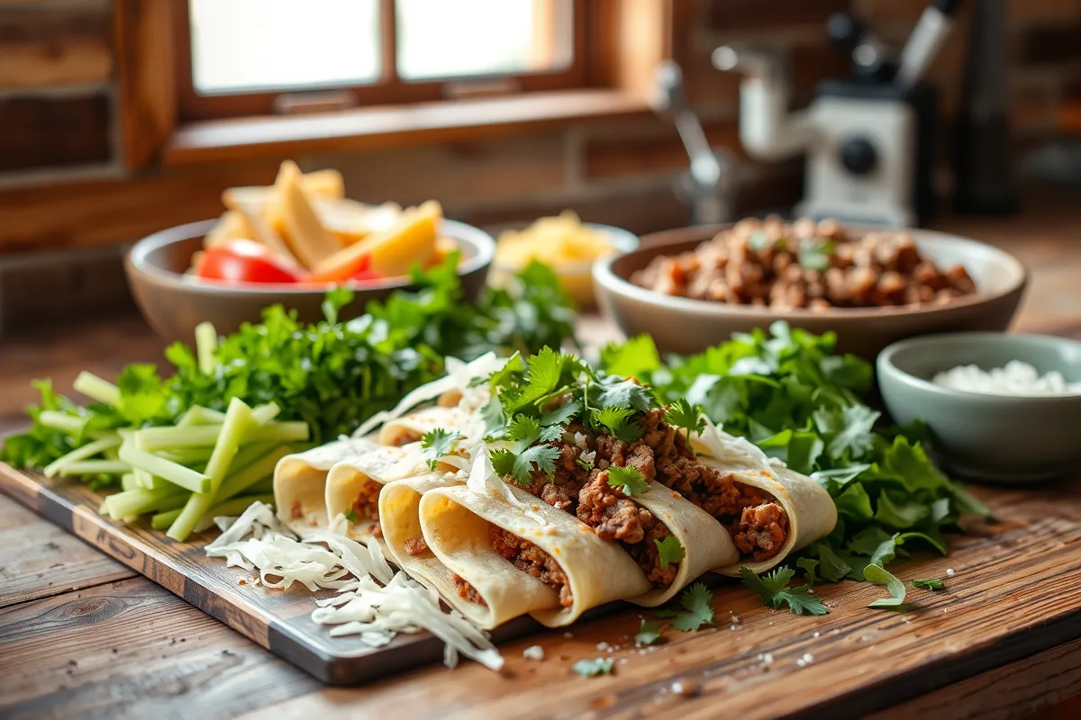 Fresh ingredients for ground beef enchilada dinner laid out on the counter