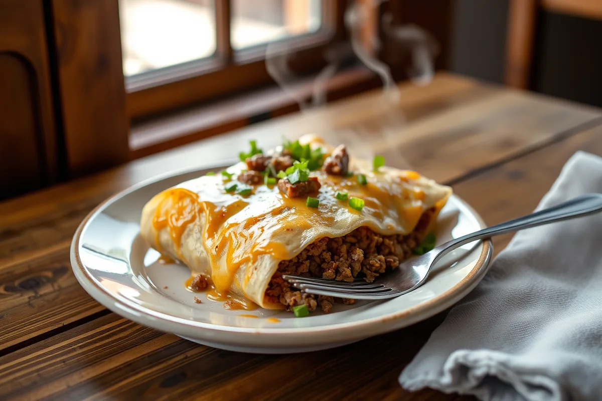 A plated serving of ground beef enchilada dinner with a fork
