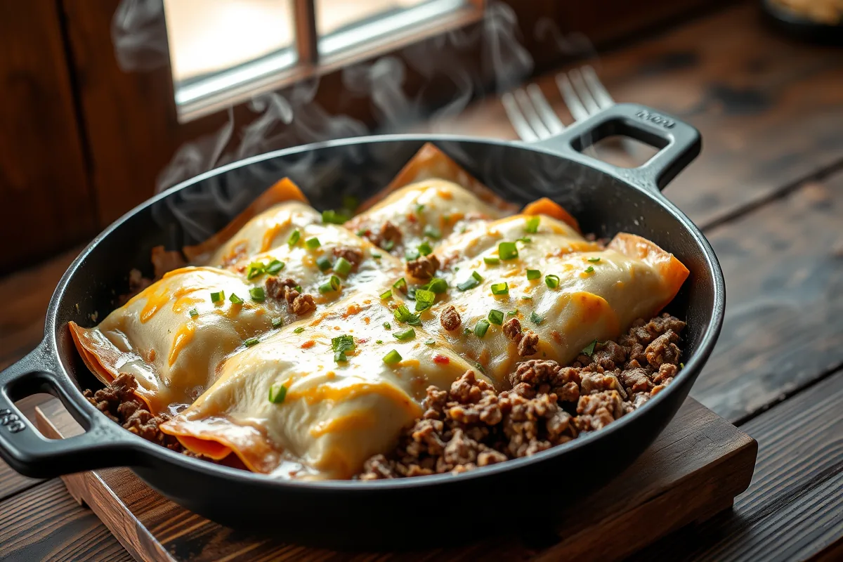 Ground beef browning in a cast-iron skillet for ground beef enchilada dinner
