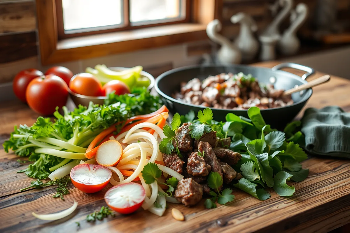 Fresh ingredients for ground beef freezer meals dinner laid out on the counter