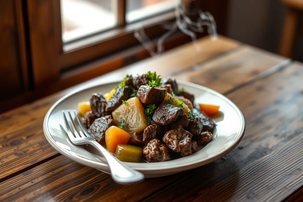 A plated serving of ground beef freezer meals dinner with a fork
