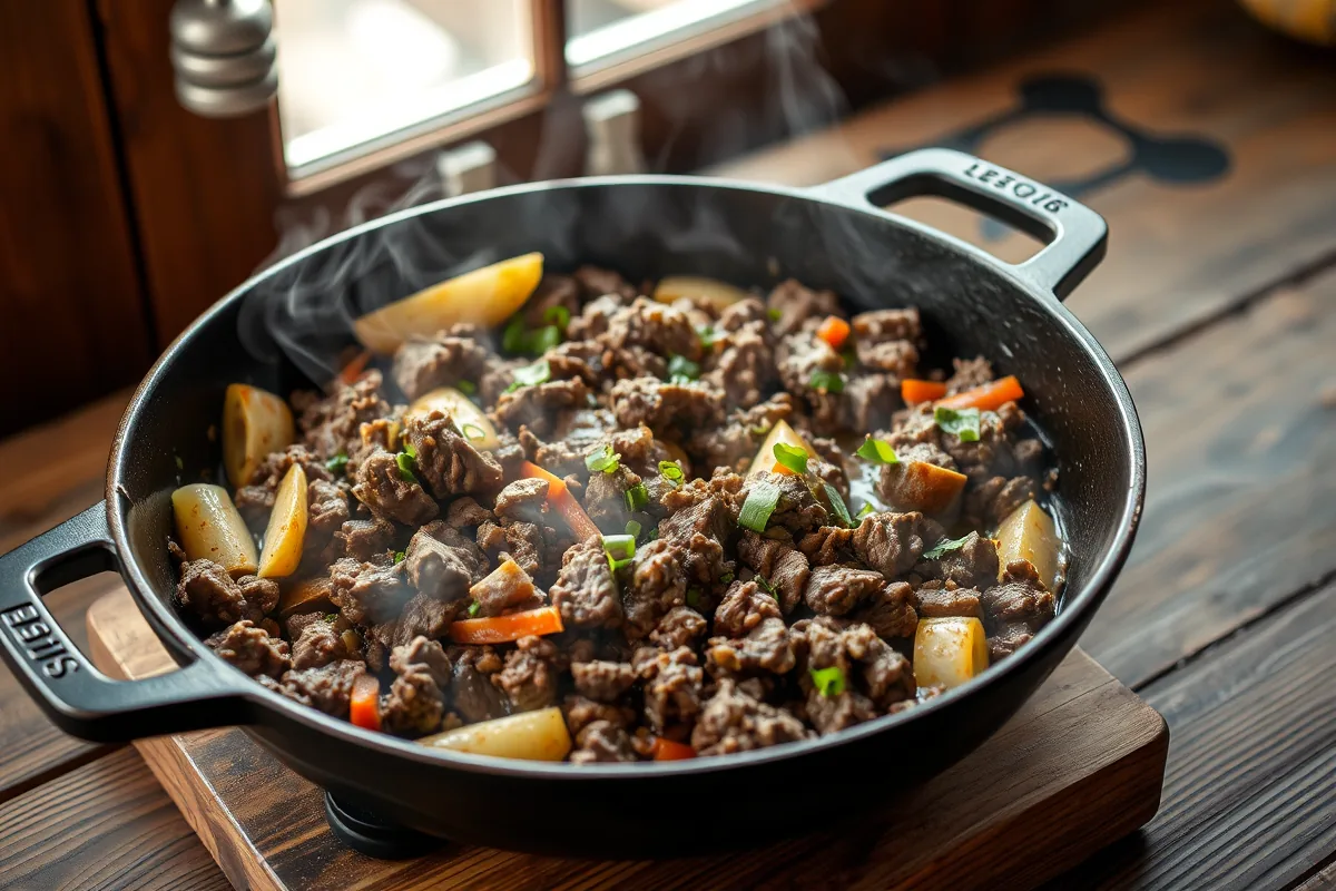 Ground beef browning in a cast-iron skillet for ground beef freezer meals dinner