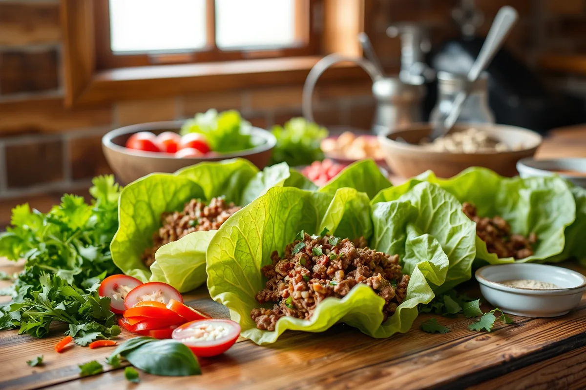 Fresh ingredients for ground beef lettuce wraps laid out on the counter
