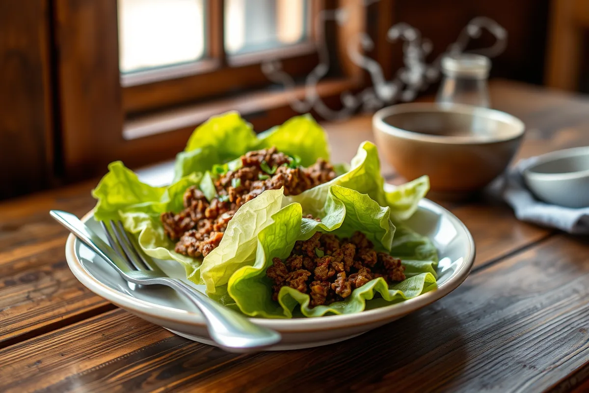A plated serving of ground beef lettuce wraps with a fork
