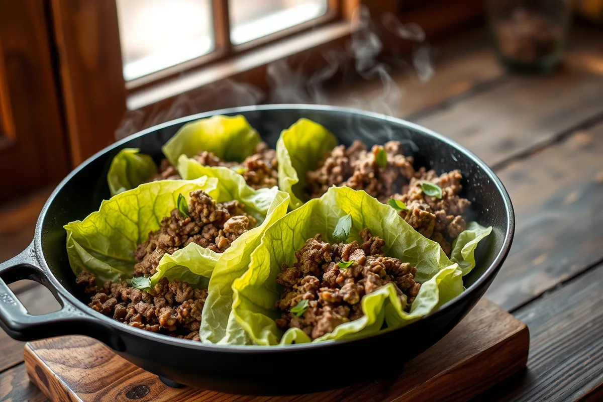 Ground beef browning in a cast-iron skillet for ground beef lettuce wraps