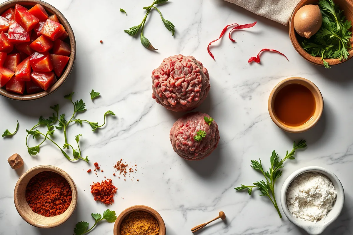 Fresh ingredients for ground beef meatball laid out on the counter