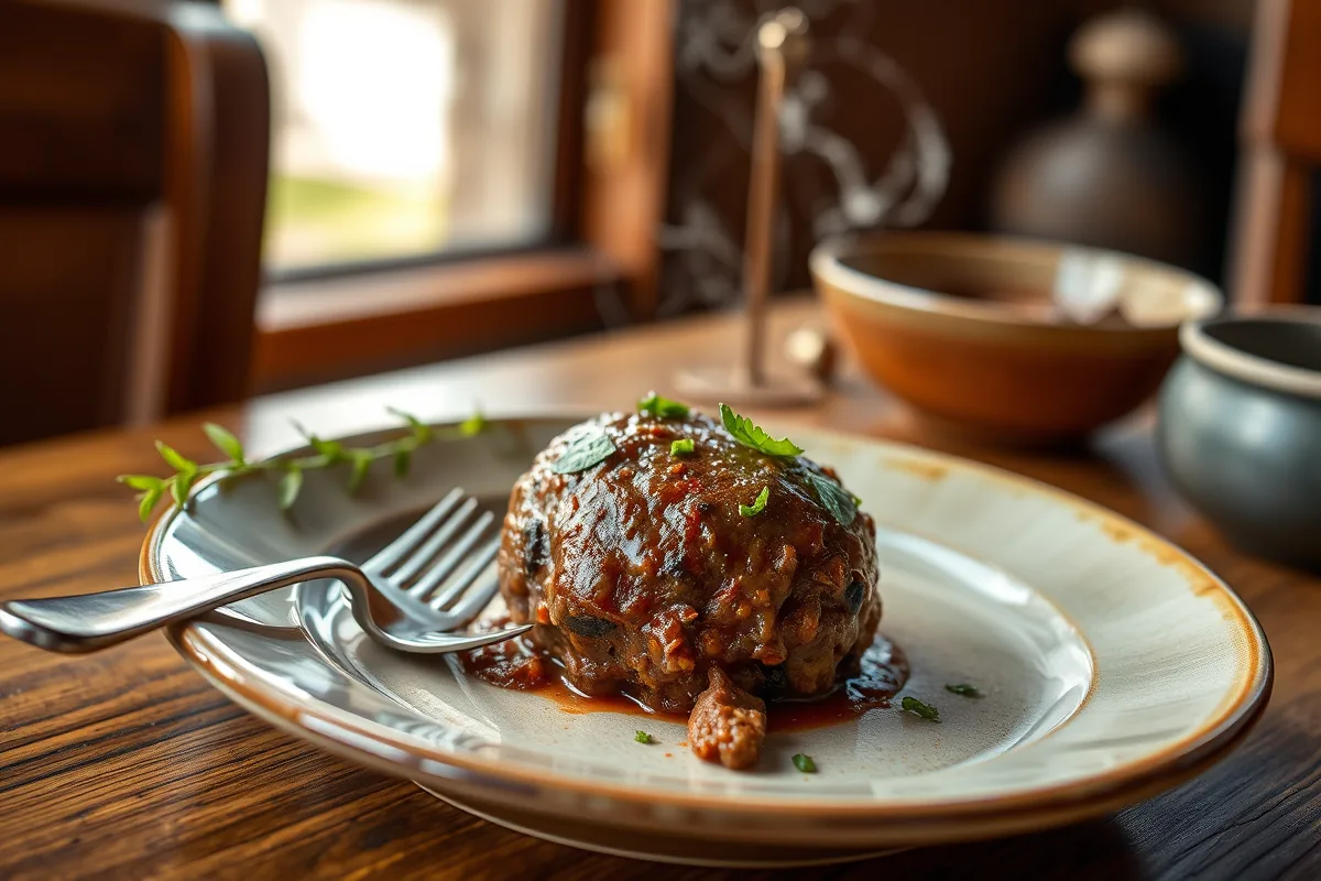 A plated serving of ground beef meatball with a fork