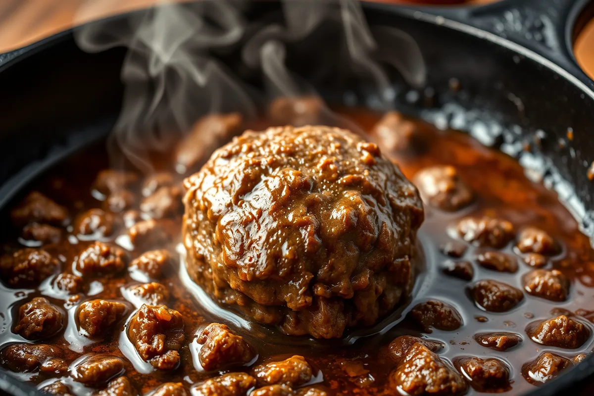 Ground beef browning in a cast-iron skillet for ground beef meatball