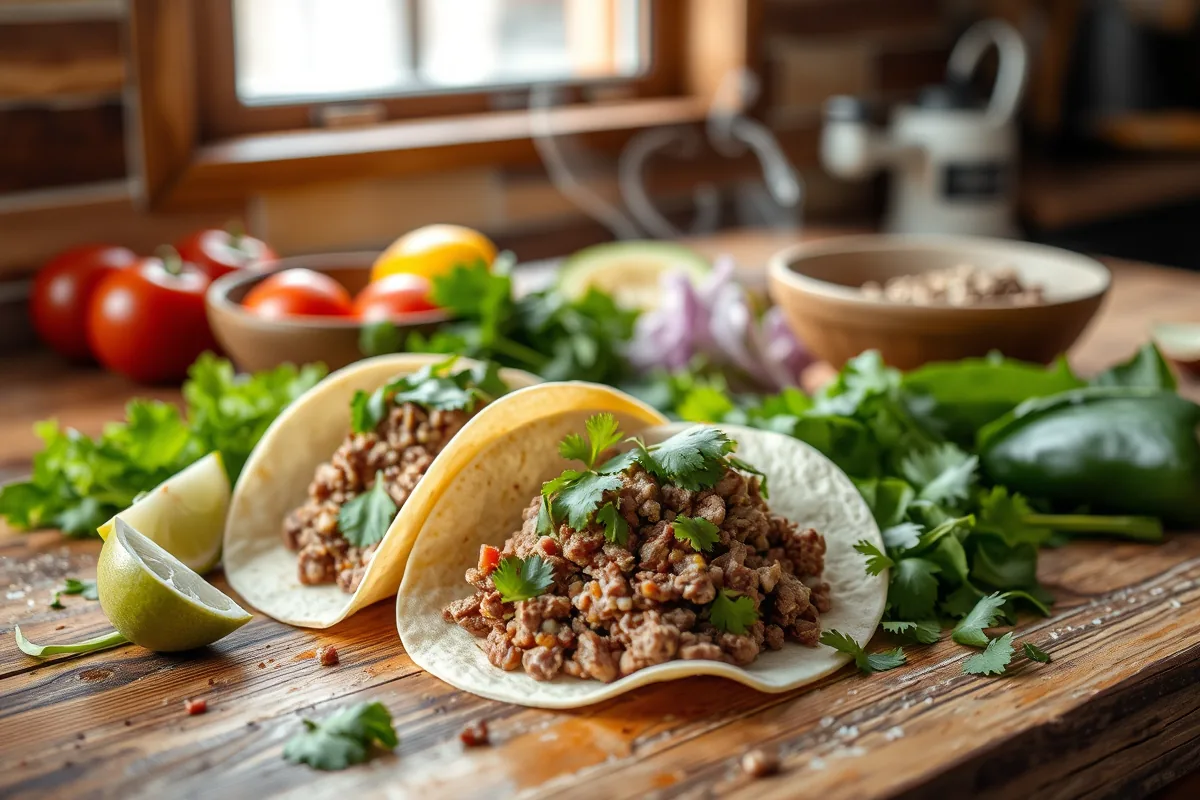 Fresh ingredients for ground beef mexican dinner laid out on the counter