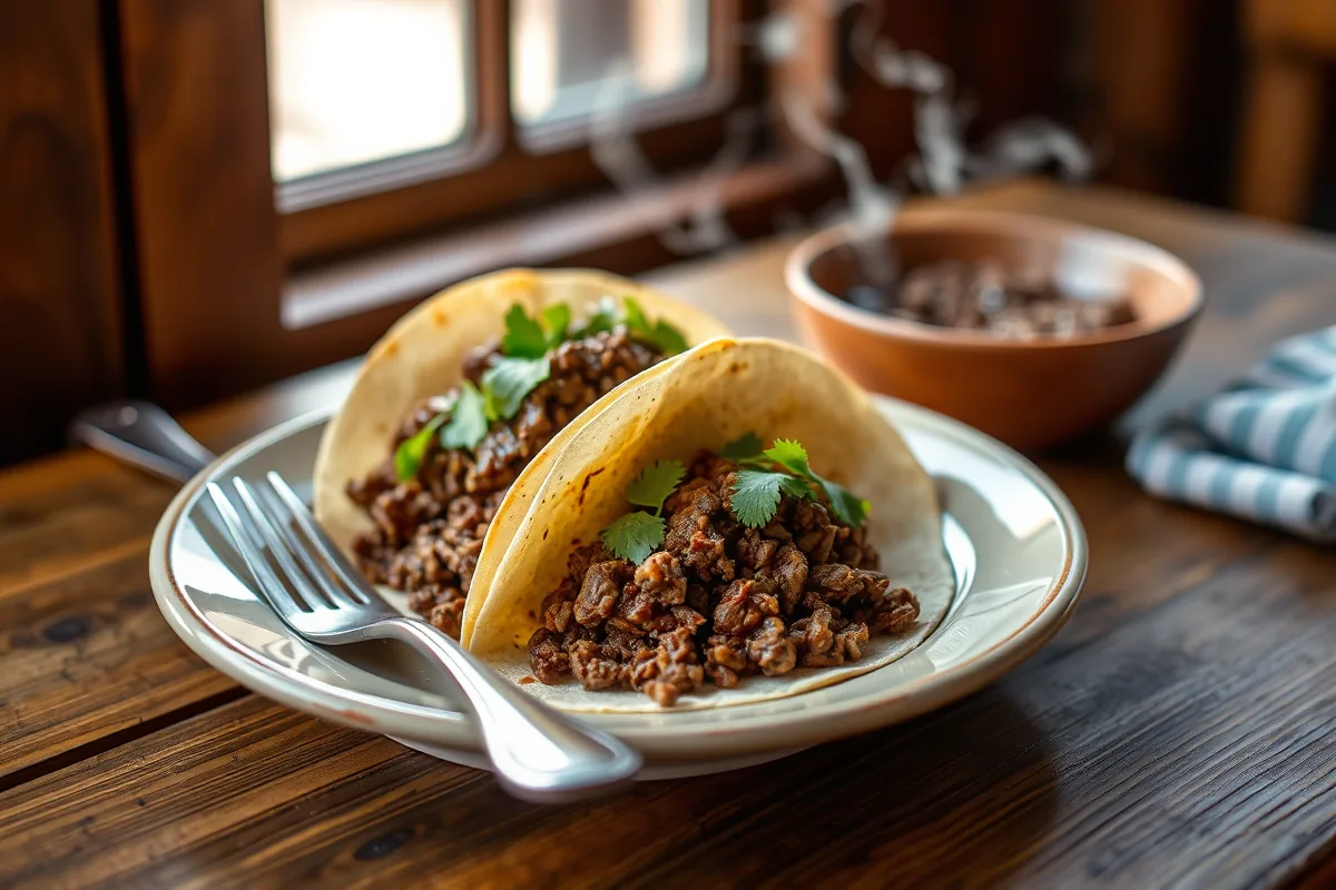 A plated serving of ground beef mexican dinner with a fork