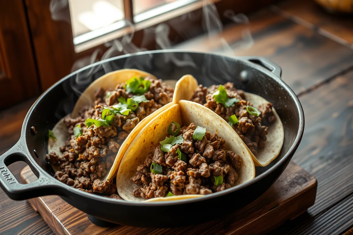 Ground beef browning in a cast-iron skillet for ground beef mexican dinner