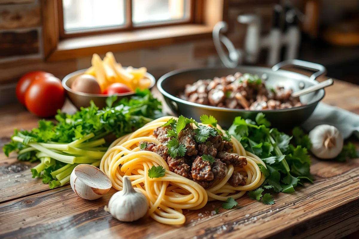 Fresh ingredients for ground beef pasta laid out on the counter